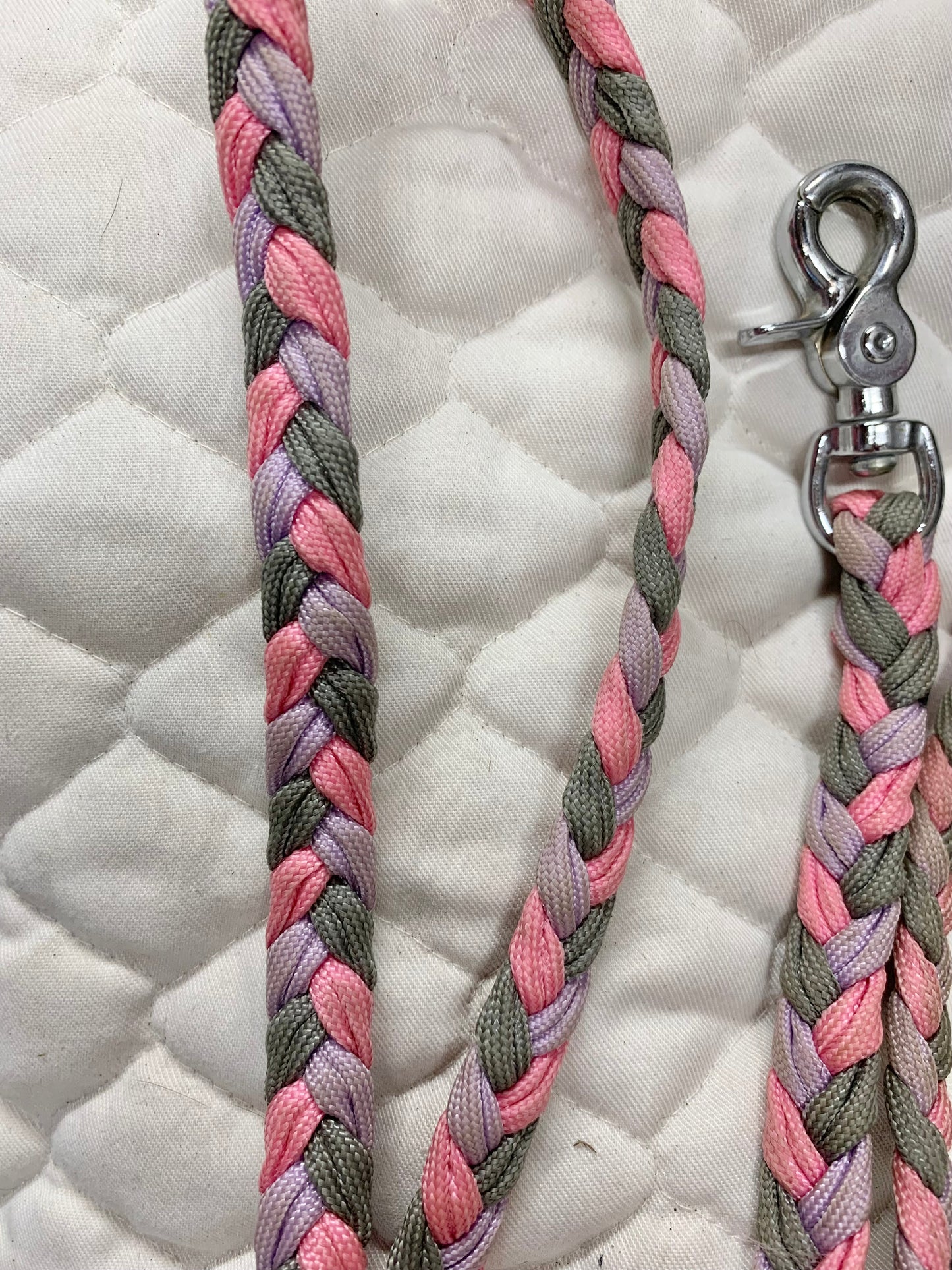 Pink/grey/lilac braided scissor snap end reins pony/shetland size 38”