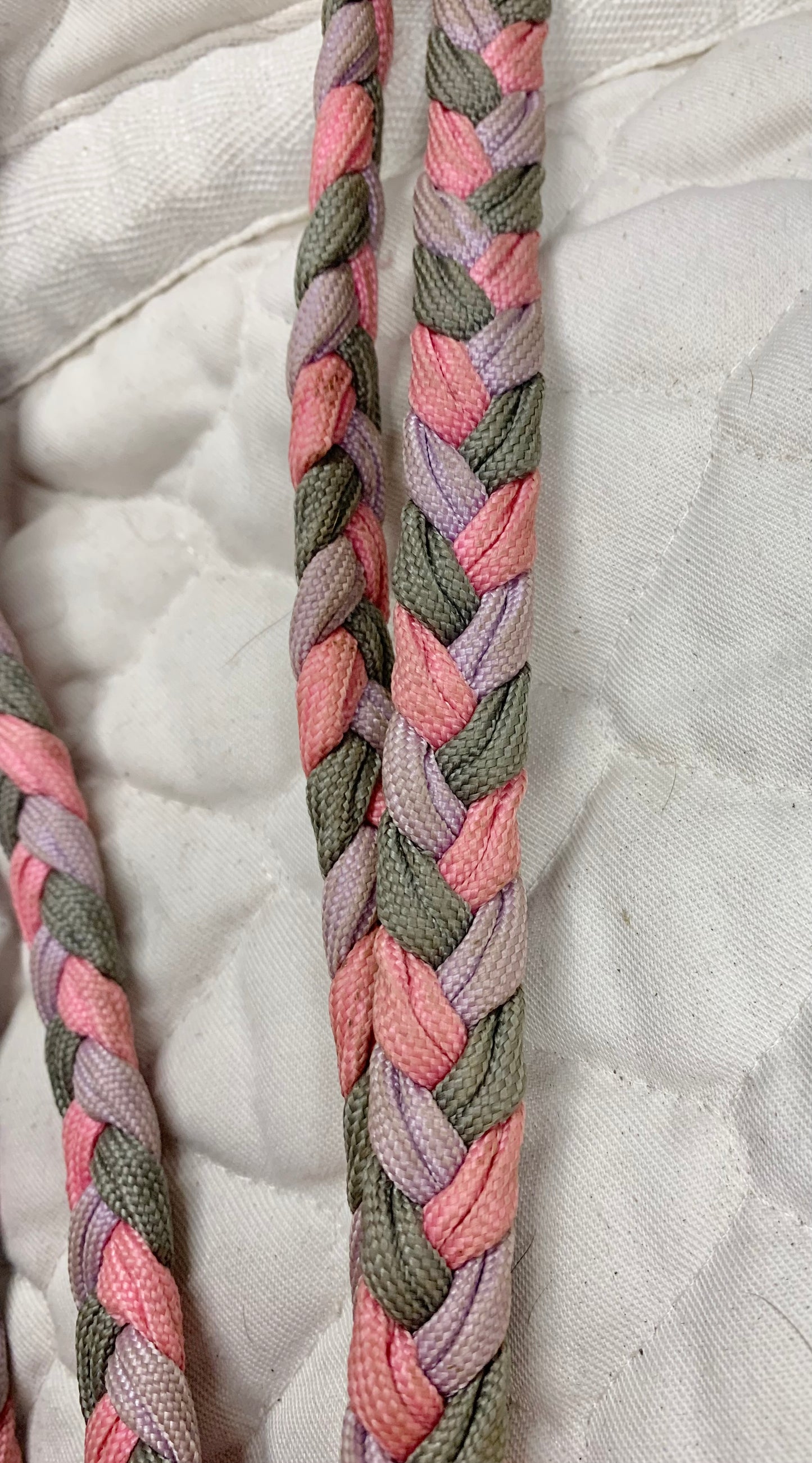 Pink/grey/lilac braided scissor snap end reins pony/shetland size 38”