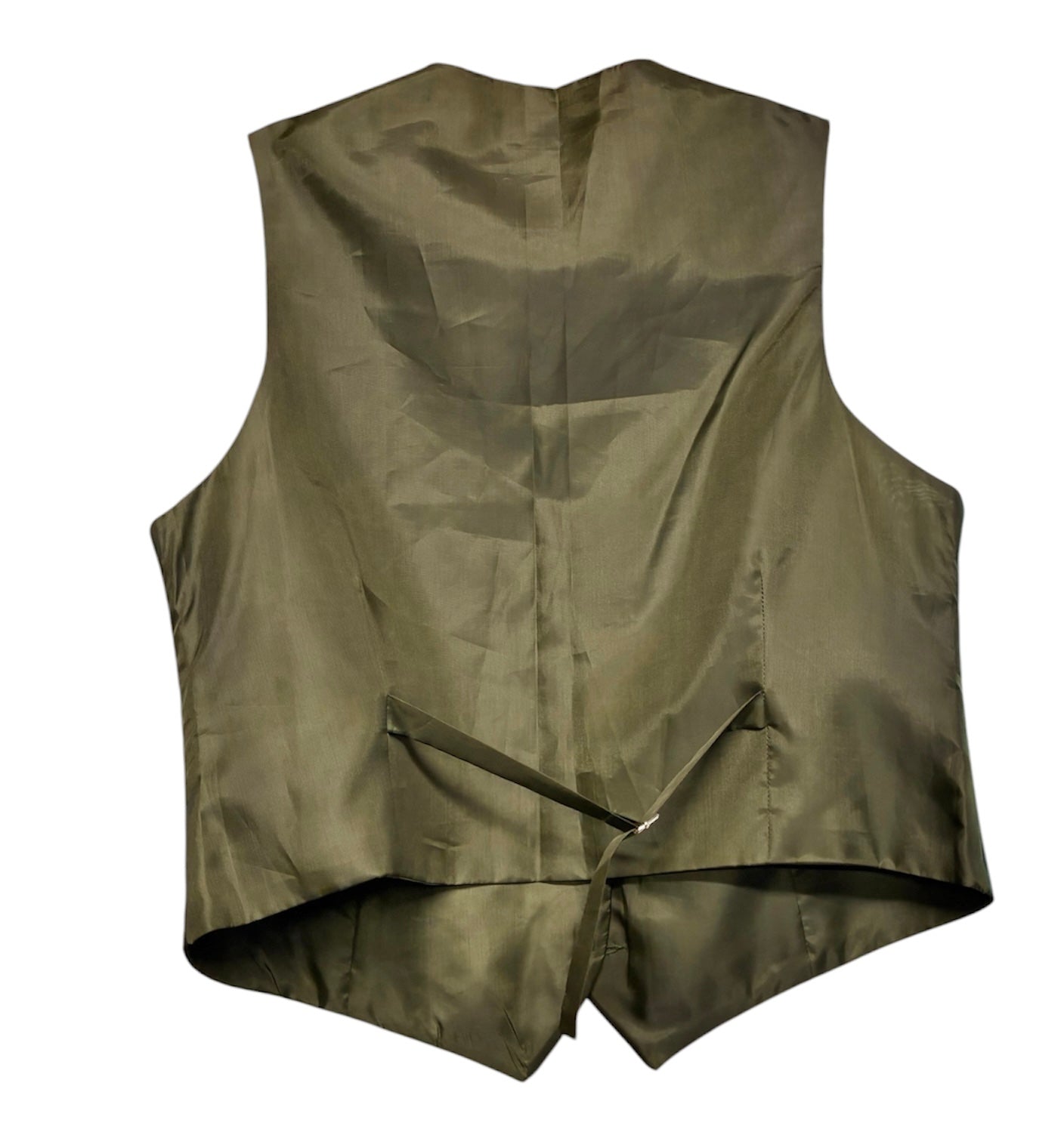 Ladies Equetech olive green in hand showing waistcoat with gold buttons medium