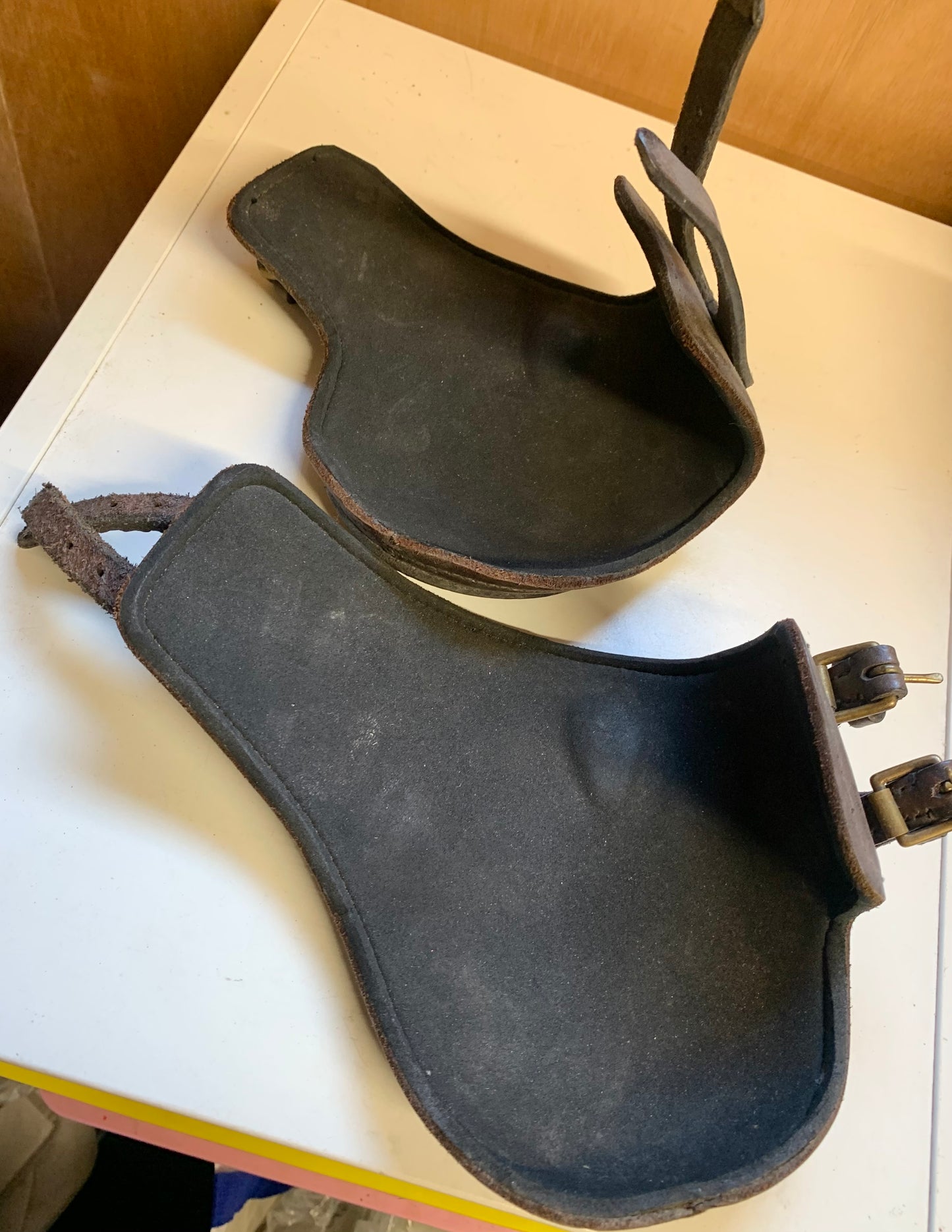 Cob size Sabre English leather fetlock boots with Solid Brass Buckles in havana brown