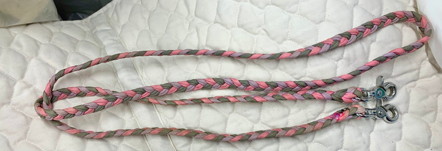 Pink/grey/lilac braided scissor snap end reins pony/shetland size 38”