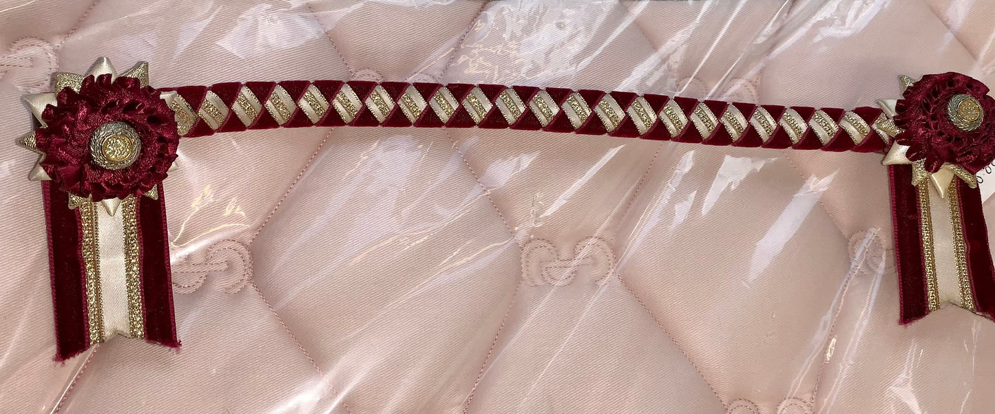 Red/maroon/gold velvet show/christmas browband 14” pony/cob
