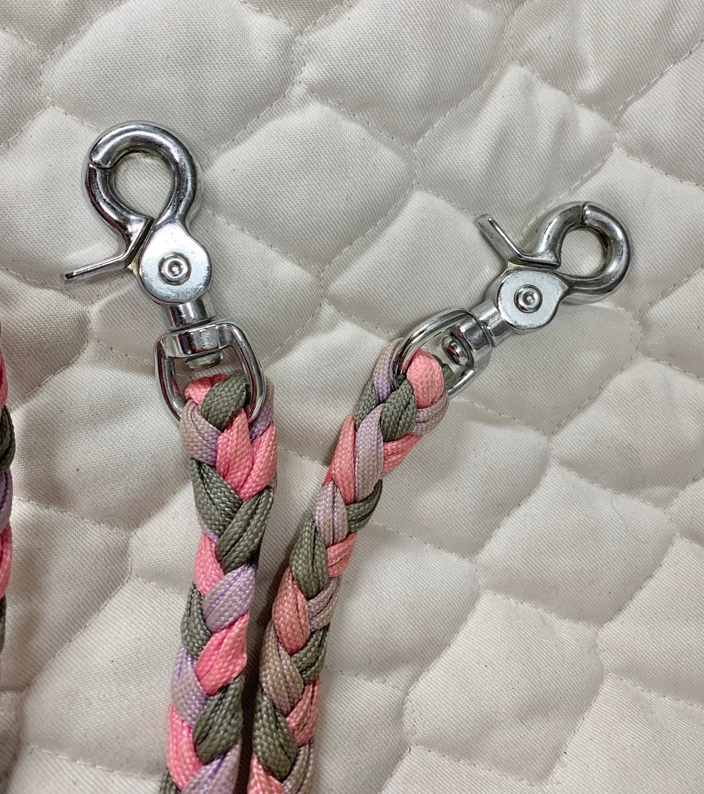 Pink/grey/lilac braided scissor snap end reins pony/shetland size 38”