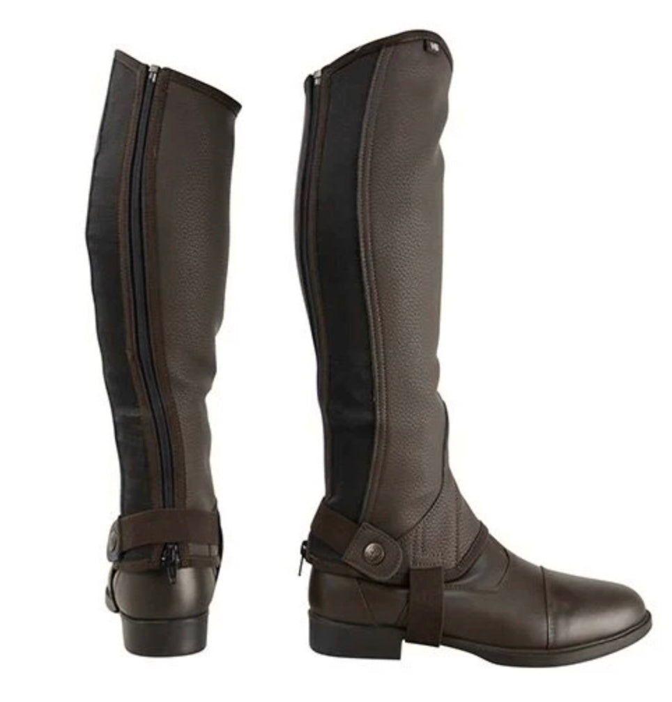 New with tag adults size small brown synthetic leather half chaps by HY Equestrian