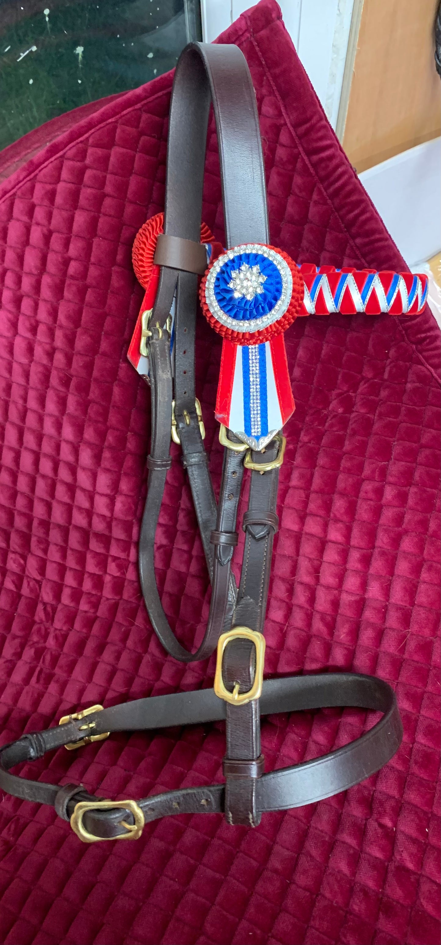 Shires cob size brown inhand bridle with brass buckles & bling browband
