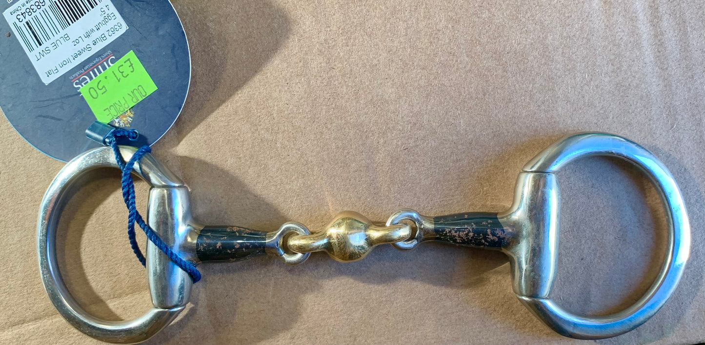 New 4.5” sweet iron flat eggbutt with lozenge blue alloy single joint eggbut snaffle