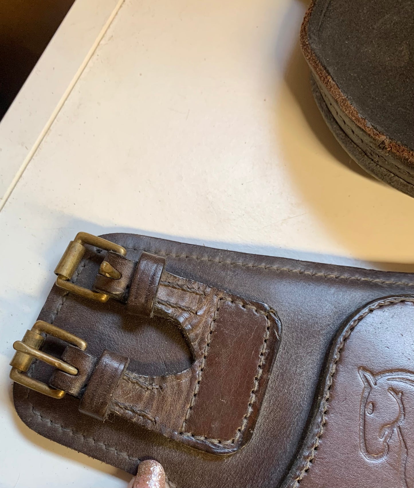 Cob size Sabre English leather fetlock boots with Solid Brass Buckles in havana brown