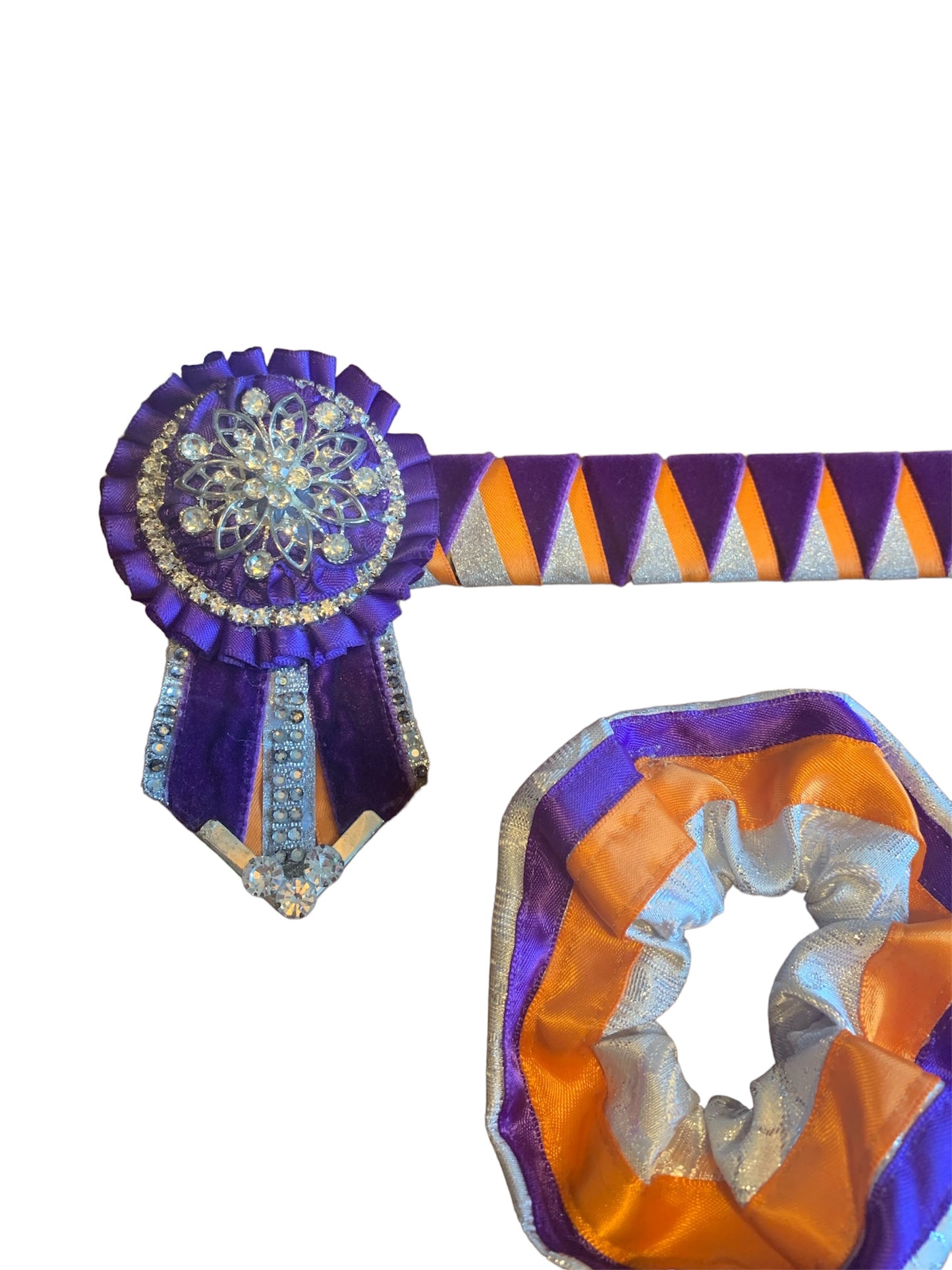 Purple, silver and orange browband with matching tie, button hole and 2 scrunchies