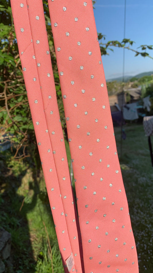 Pink with silver dots showquest showing tie approx 52” in length
