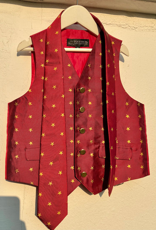 Equetech Junior  burgandy & gold star design showing Waistcoat  with matching tie size medium