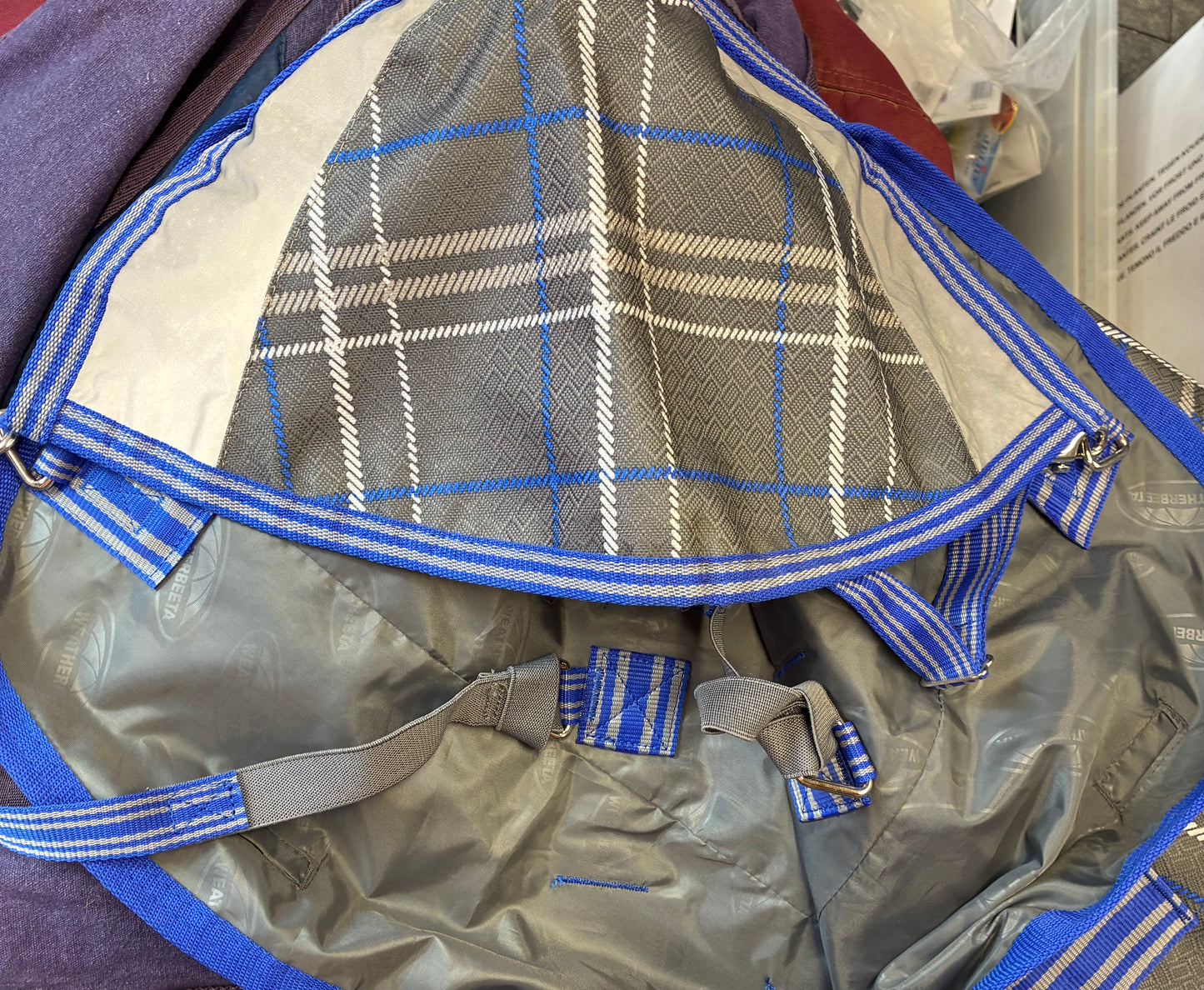 New WeatherBeeta ComFiTec Premier 3’0 lightweight turnout rug grey plaid and blue colorway 50g fill