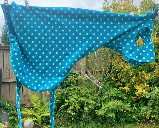 Snuggly pony size blue & white full face fleece hood