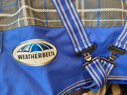 New WeatherBeeta ComFiTec Premier 3’0 lightweight turnout rug grey plaid and blue colorway 50g fill