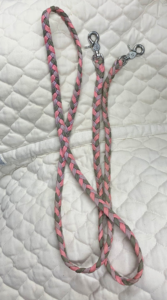 Pink/grey/lilac braided scissor snap end reins pony/shetland size 38”