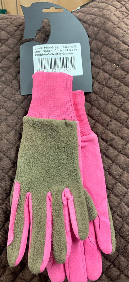 New Amara Fleece 2-tone Horse Riding Gloves Childs Small Pink / Grey