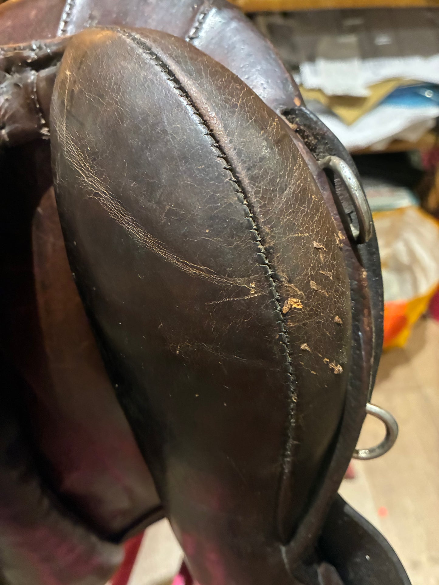 16.5 leather Havana brown hoop saddle 9.5” from d ring to d ring (wide/ex wide)