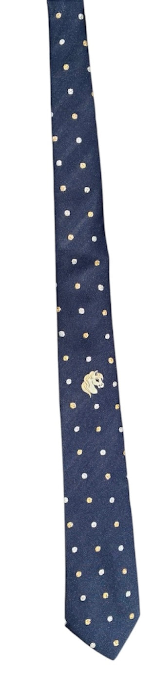 Brand new navy Childs show tie with embroidered horse head and silver and gold spots
