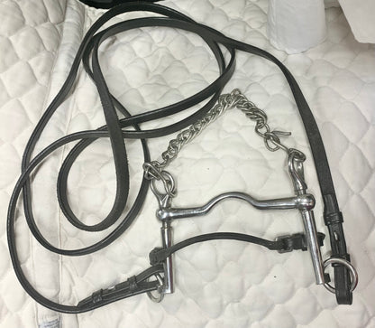 5” ported Weymouth sliding cheek Pelham with lip strap & 54” black leather double bridle reins