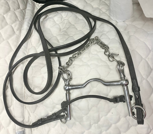 5” ported Weymouth sliding cheek Pelham with lip strap & 54” black leather double bridle reins