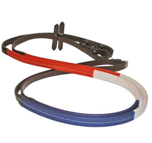 New JHL Rubber Training Reins - Red/White/Blue - pony size