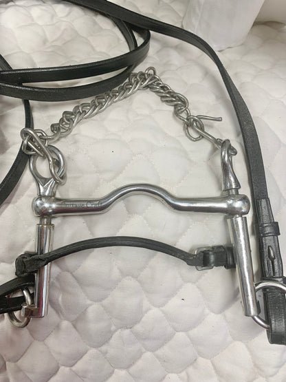 5” ported Weymouth sliding cheek Pelham with lip strap & 54” black leather double bridle reins