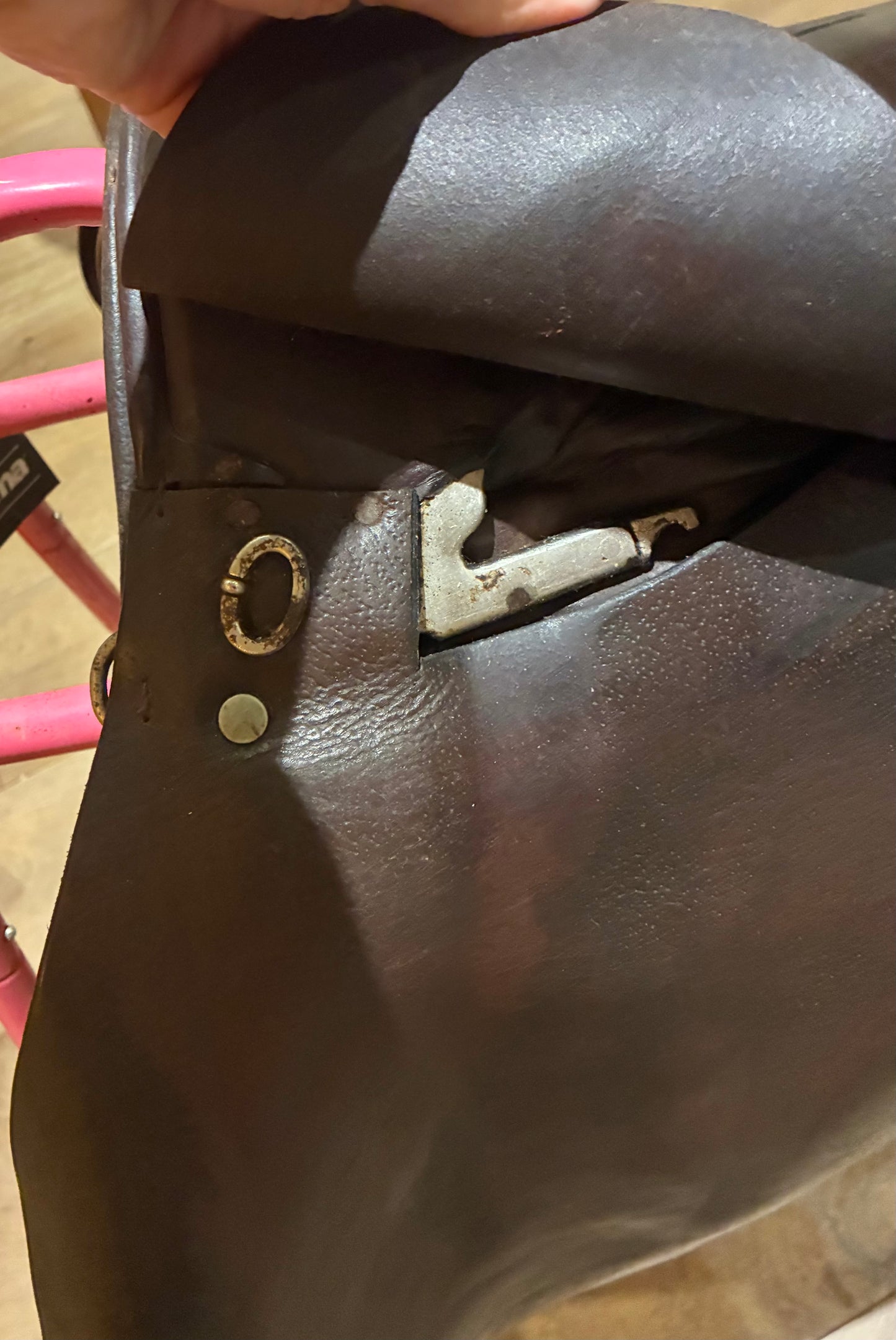 16.5 leather Havana brown hoop saddle 9.5” from d ring to d ring (wide/ex wide)