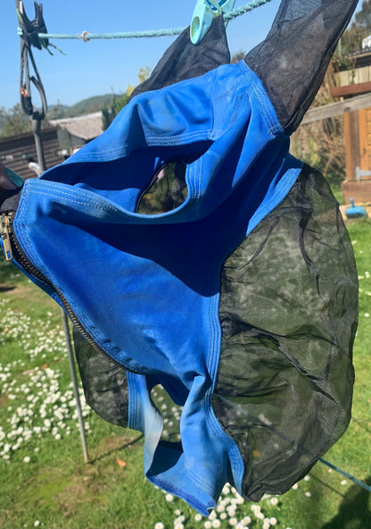 Lycra stretch zip up fly mask blue pony size