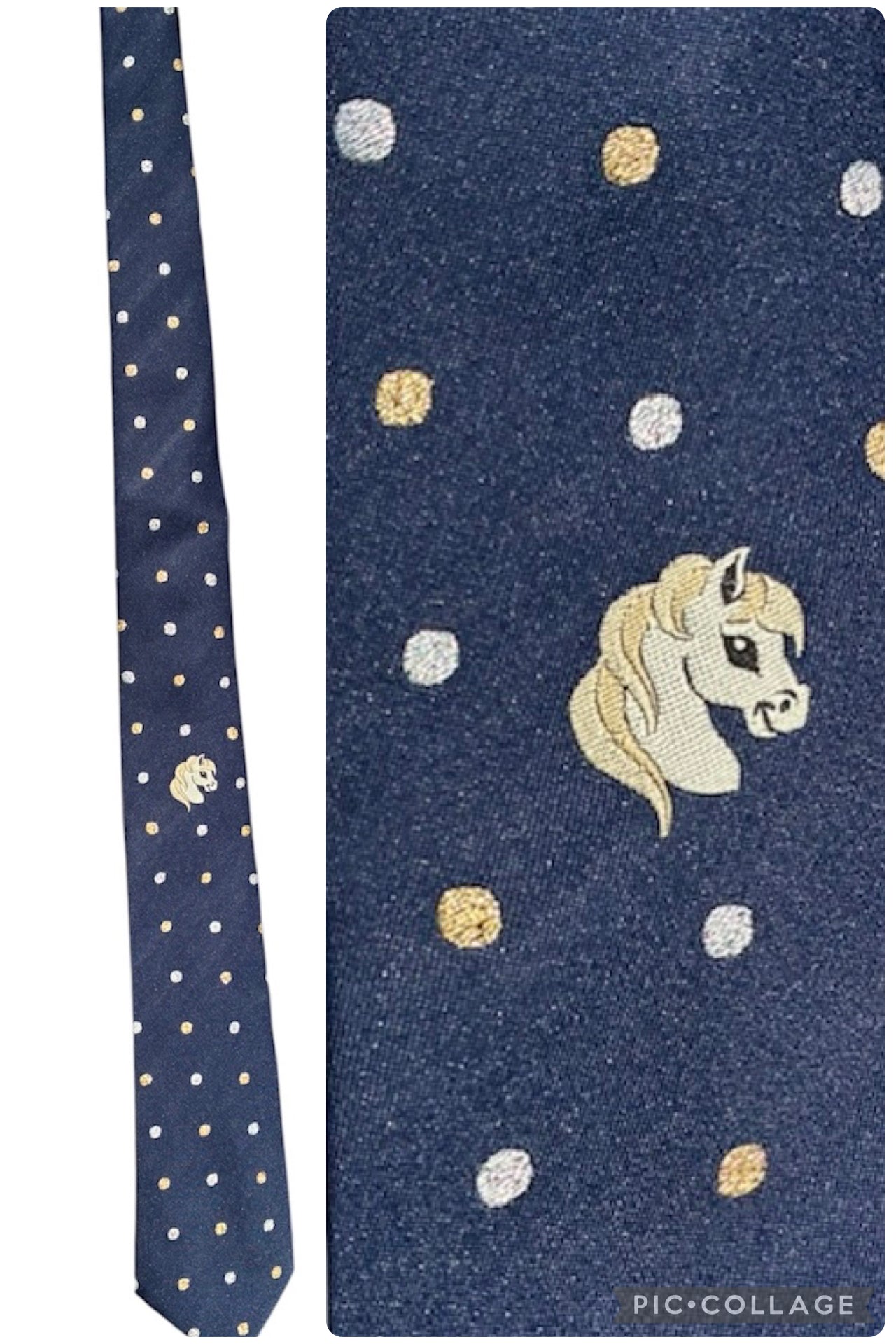 Brand new navy Childs show tie with embroidered horse head and silver and gold spots