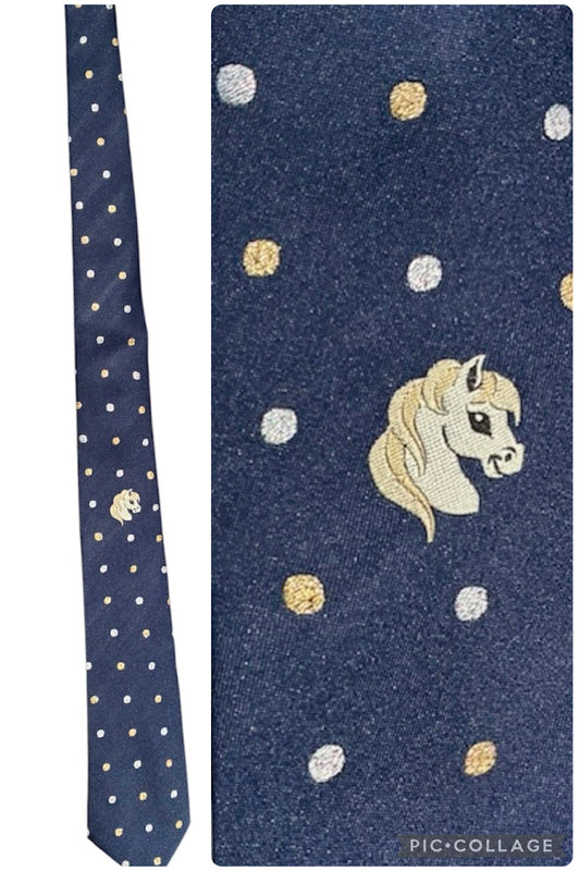 Brand new navy Childs show tie with embroidered horse head and silver and gold spots