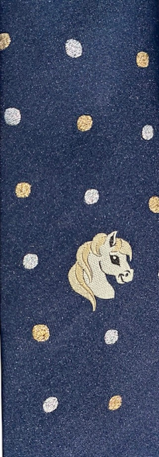 Brand new navy Childs show tie with embroidered horse head and silver and gold spots