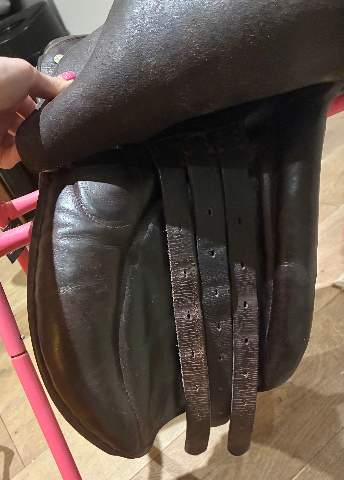 16.5 leather Havana brown hoop saddle 9.5” from d ring to d ring (wide/ex wide)