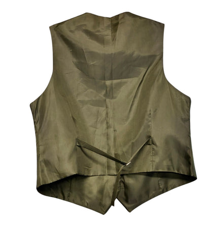 Ladies Equetech olive green in hand showing waistcoat with gold buttons medium