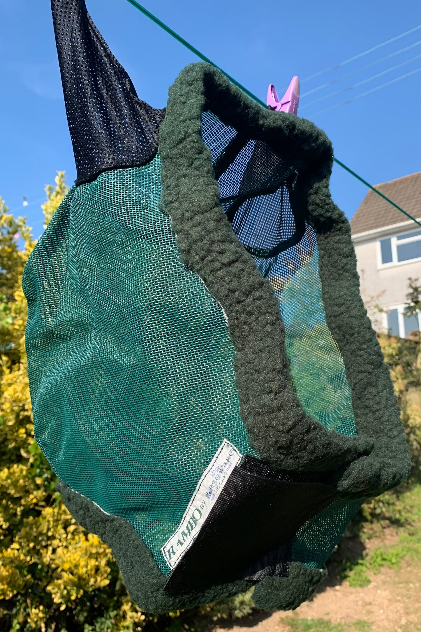 New green rambo strong mesh fly mask soft fleece lining large pony