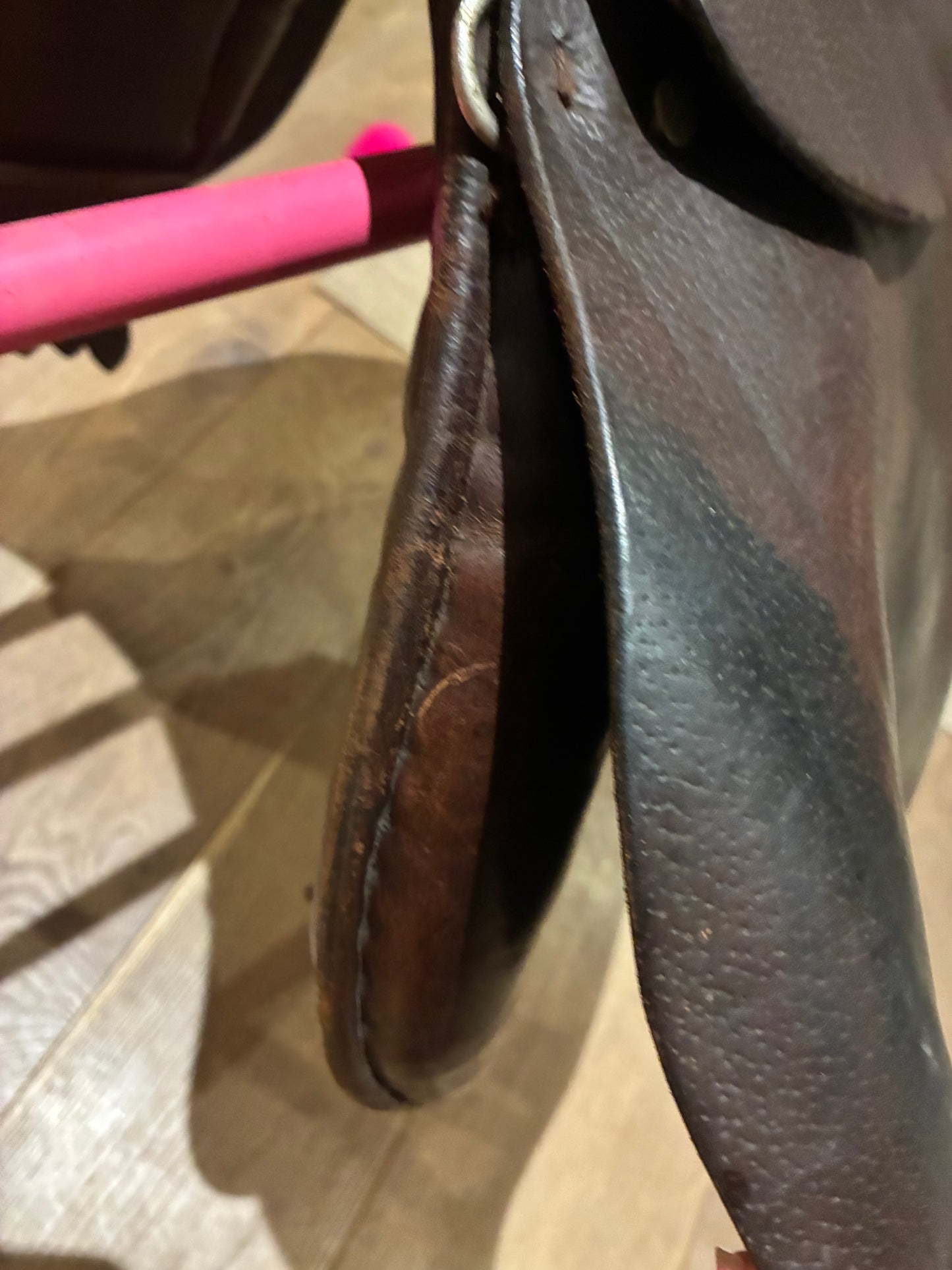 16.5 leather Havana brown hoop saddle 9.5” from d ring to d ring (wide/ex wide)