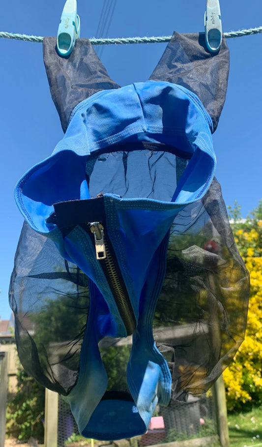 Lycra stretch zip up fly mask blue pony size