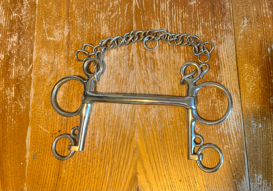 5” curved Mullen mouth Pelham with curb chain
