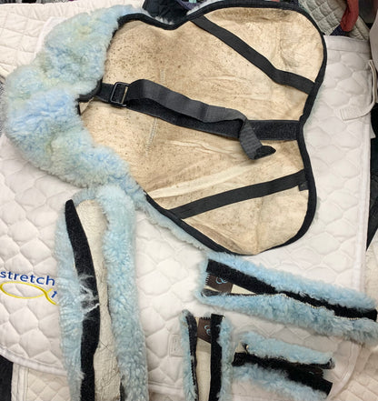 Lambskin light blue saddle seat saver and bridle covers set