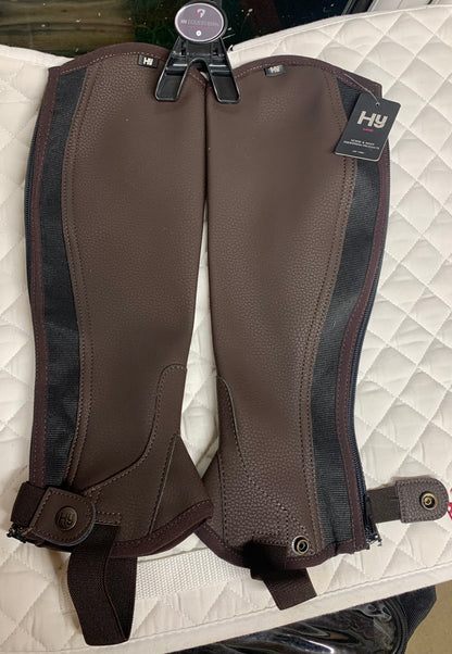 New with tag adults size small brown synthetic leather half chaps by HY Equestrian