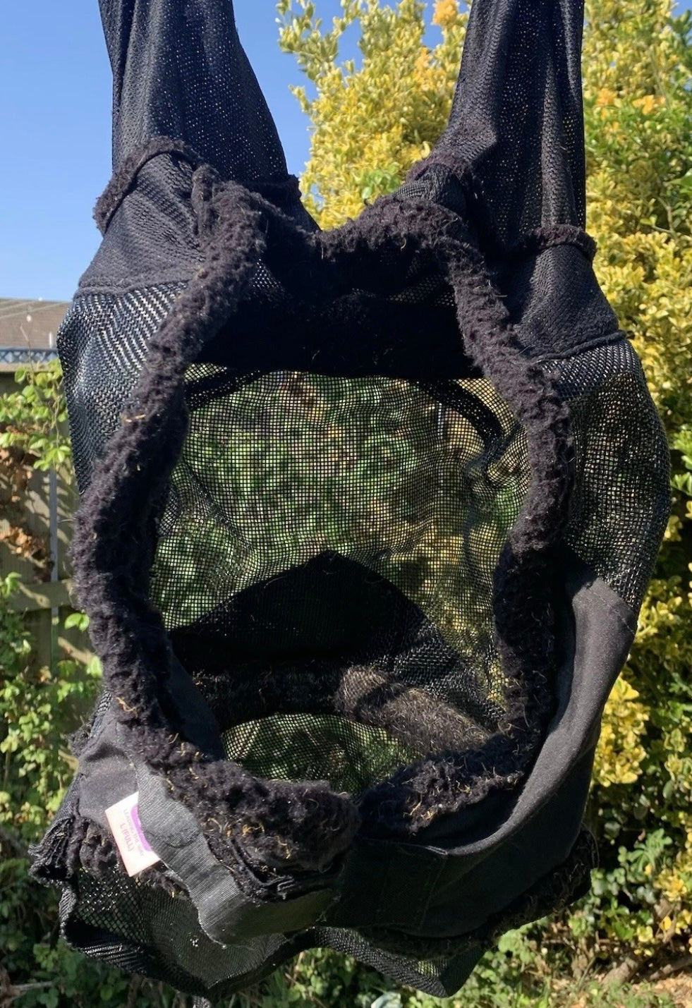 Size large black fly mask with nose with hole for forelock