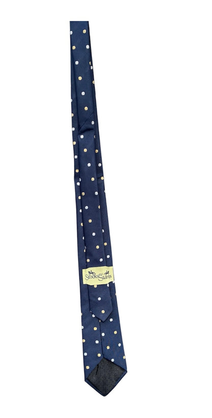 Brand new navy Childs show tie with embroidered horse head and silver and gold spots