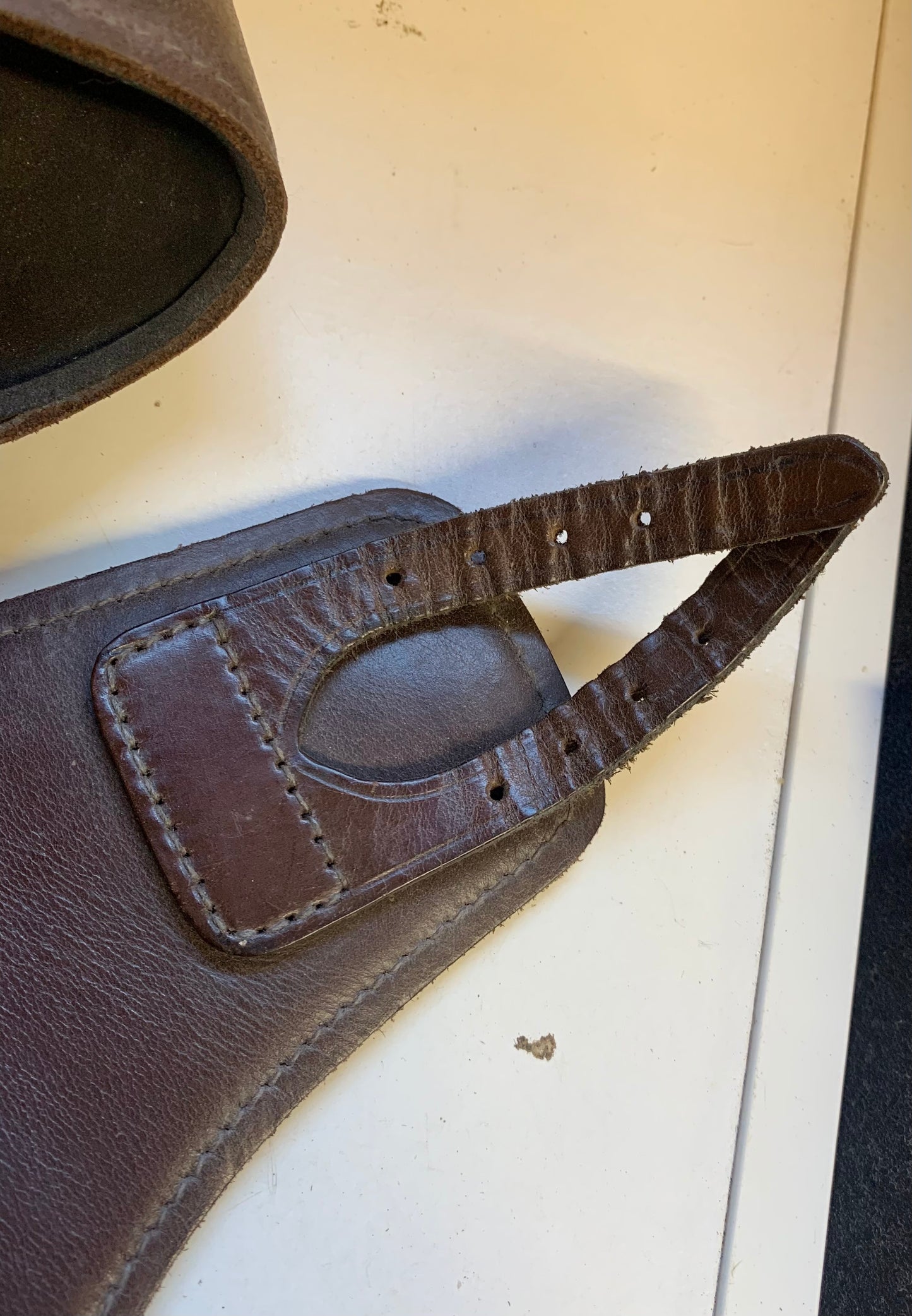 Cob size Sabre English leather fetlock boots with Solid Brass Buckles in havana brown