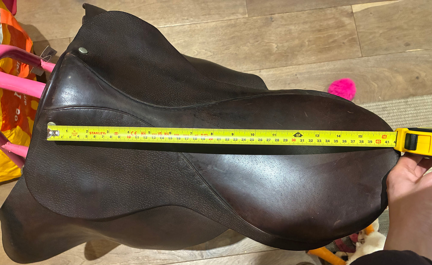16.5 leather Havana brown hoop saddle 9.5” from d ring to d ring (wide/ex wide)