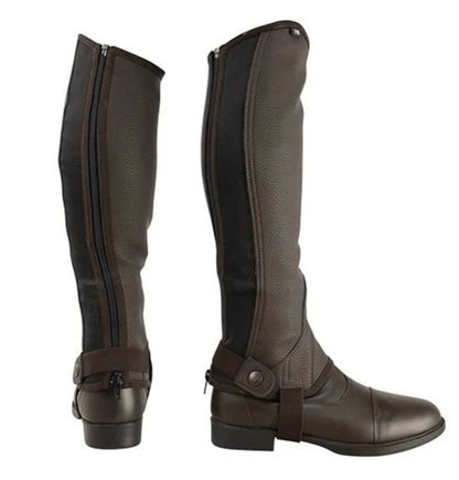New with tag adults size small brown synthetic leather half chaps by HY Equestrian