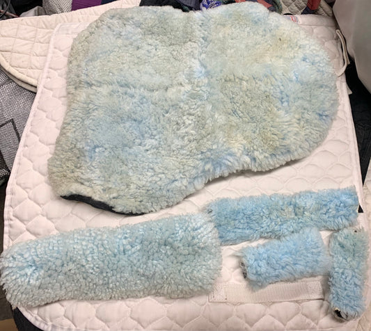Lambskin light blue saddle seat saver and bridle covers set