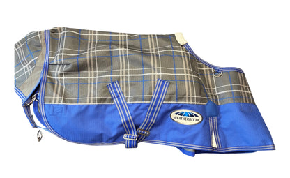 New WeatherBeeta ComFiTec Premier 3’0 lightweight turnout rug grey plaid and blue colorway 50g fill