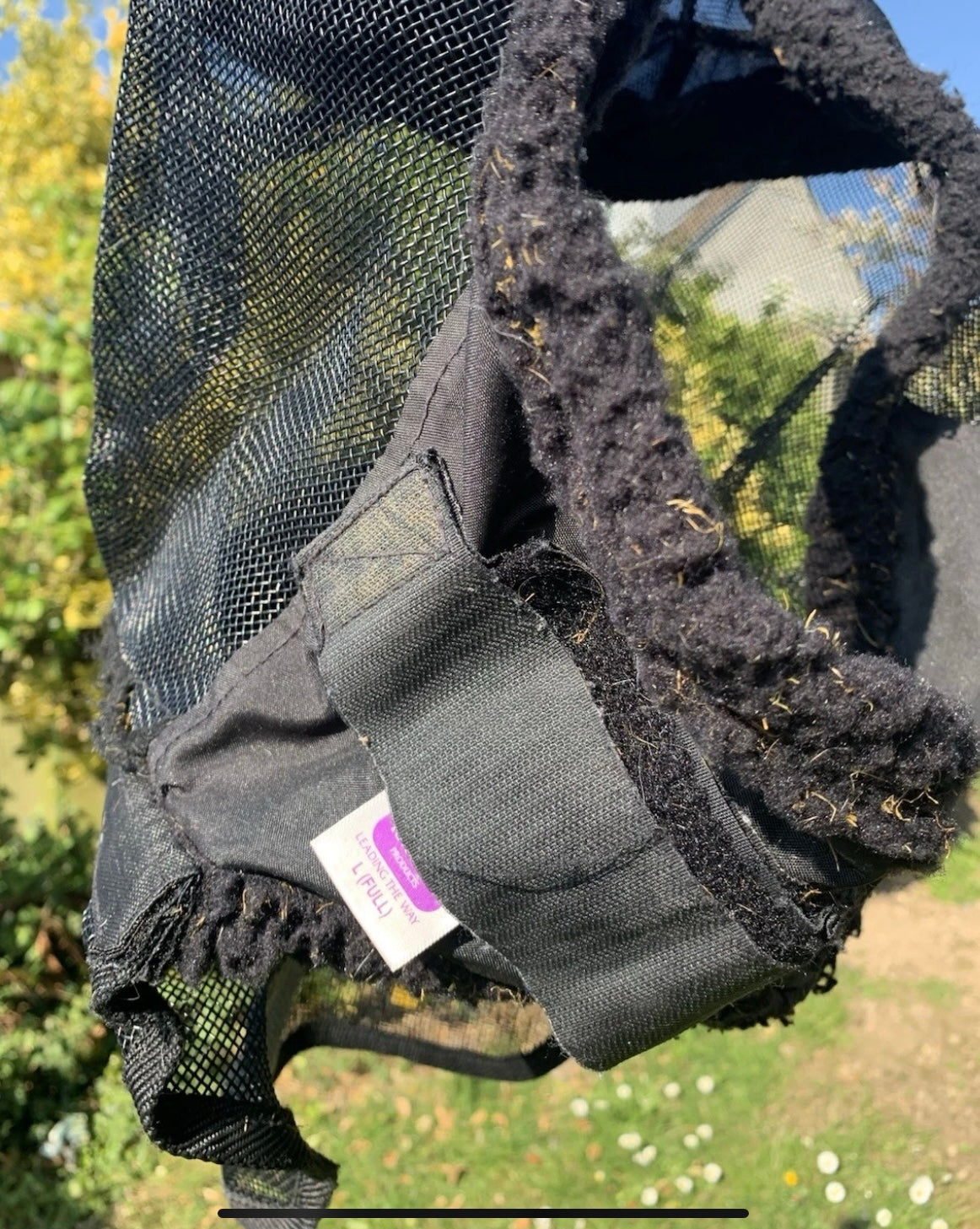 Size large black fly mask with nose with hole for forelock