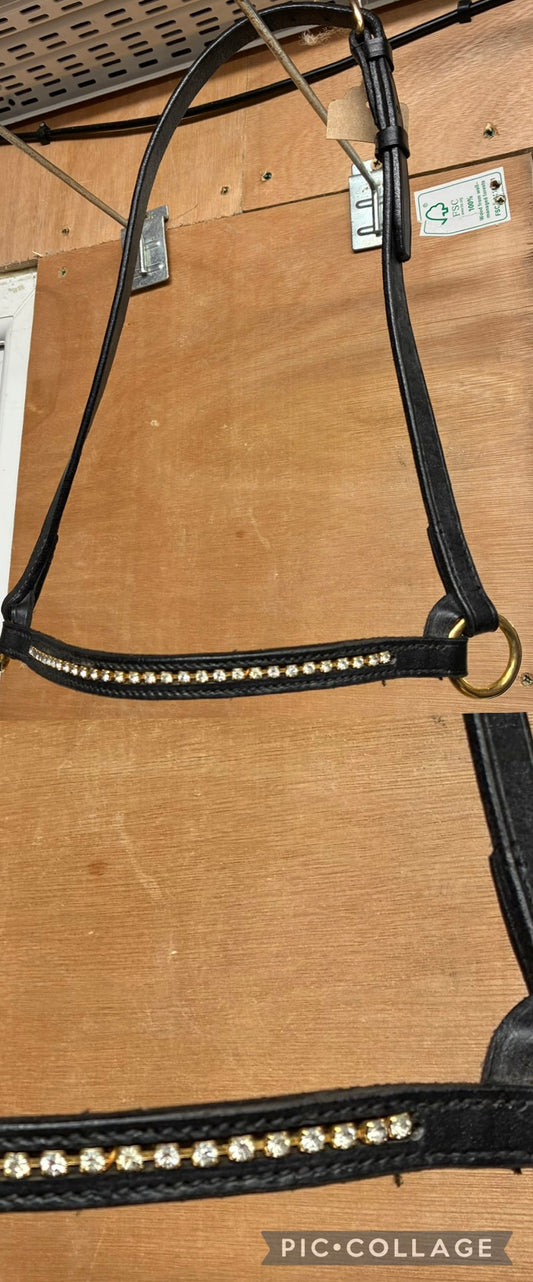 New Black leather in-hand diamante show halter - size Arab ref2