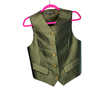 Ladies Equetech olive green in hand showing waistcoat with gold buttons medium