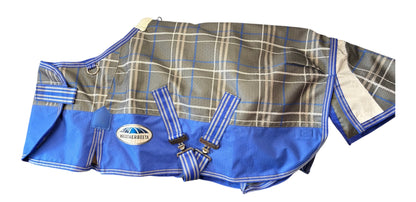 New WeatherBeeta ComFiTec Premier 3’0 lightweight turnout rug grey plaid and blue colorway 50g fill