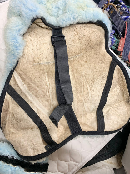 Lambskin light blue saddle seat saver and bridle covers set